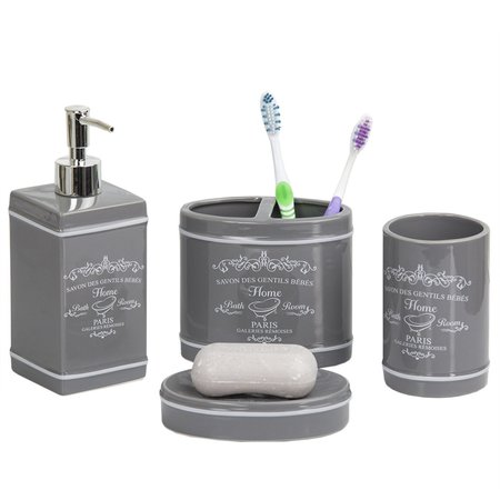 HOME BASICS 4 Piece Paris Bath Accessory Set  Grey BA41274